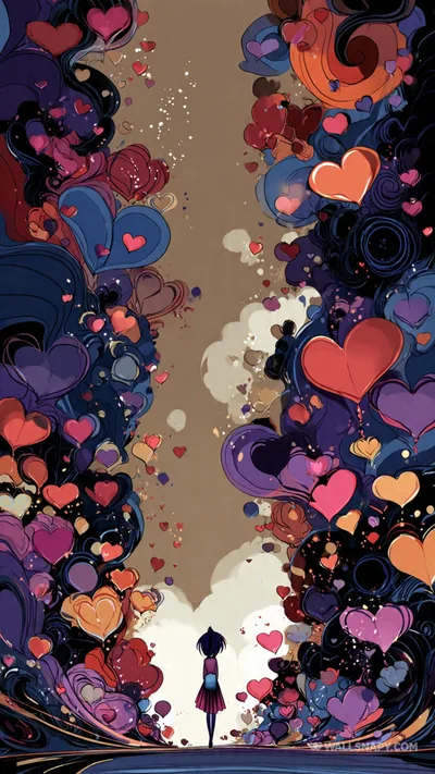Hearts in red, purple and pink pile into swirling walls on both sides, leaving a pale gap where a small figure walks away.