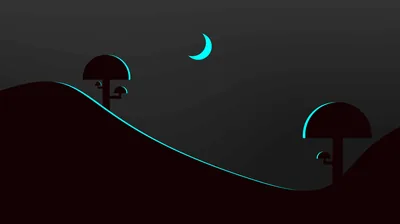 A slim crescent moon lights the rim of two oversized mushrooms standing on a dark hillside, everything else left in flat shadow.