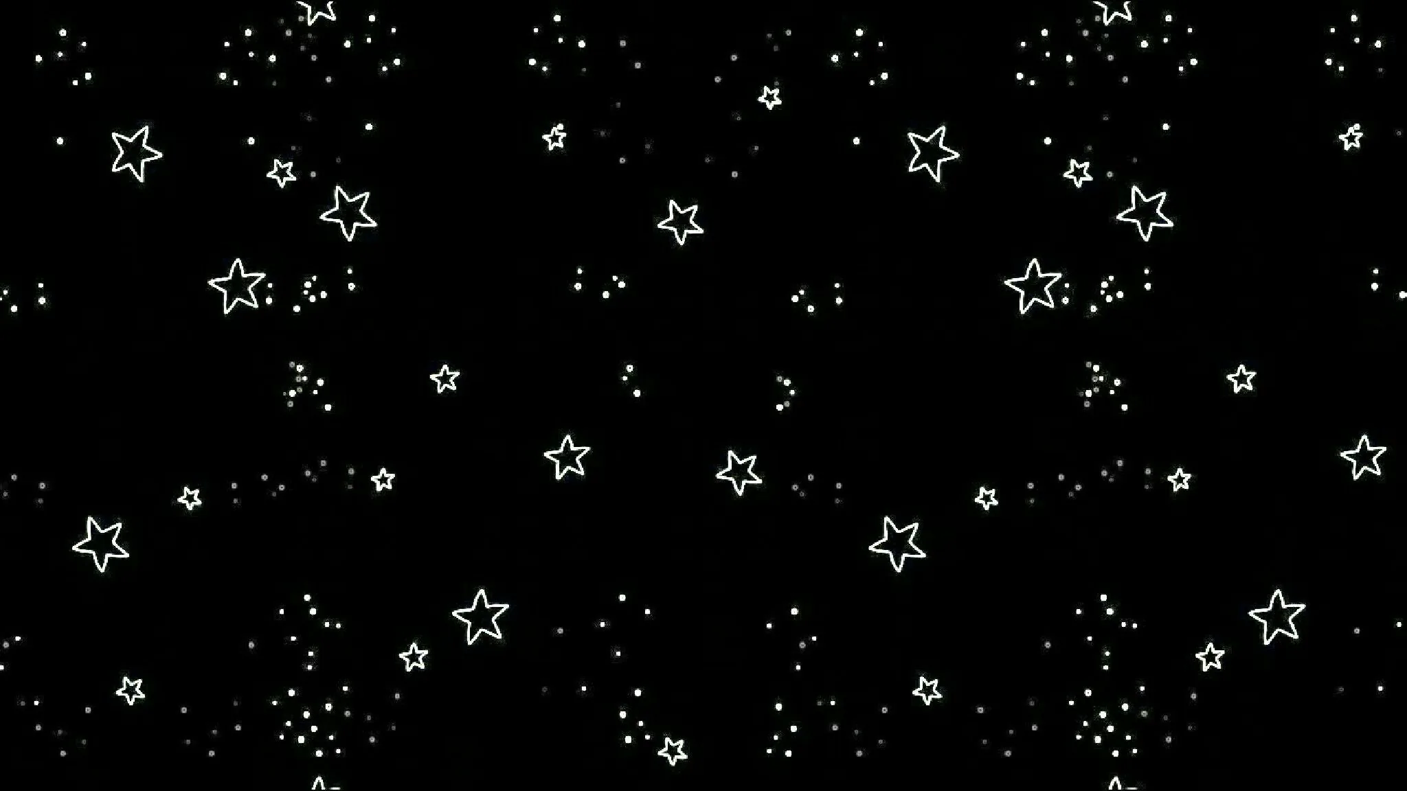 Small hollow stars float between loose groups of dots across a flat black field, arranged in rough rows from top to bottom.