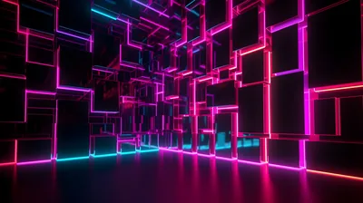 Overlapping rectangular frames glow pink, magenta and cyan inside a dark 3D room, their light pooling on the floor.
