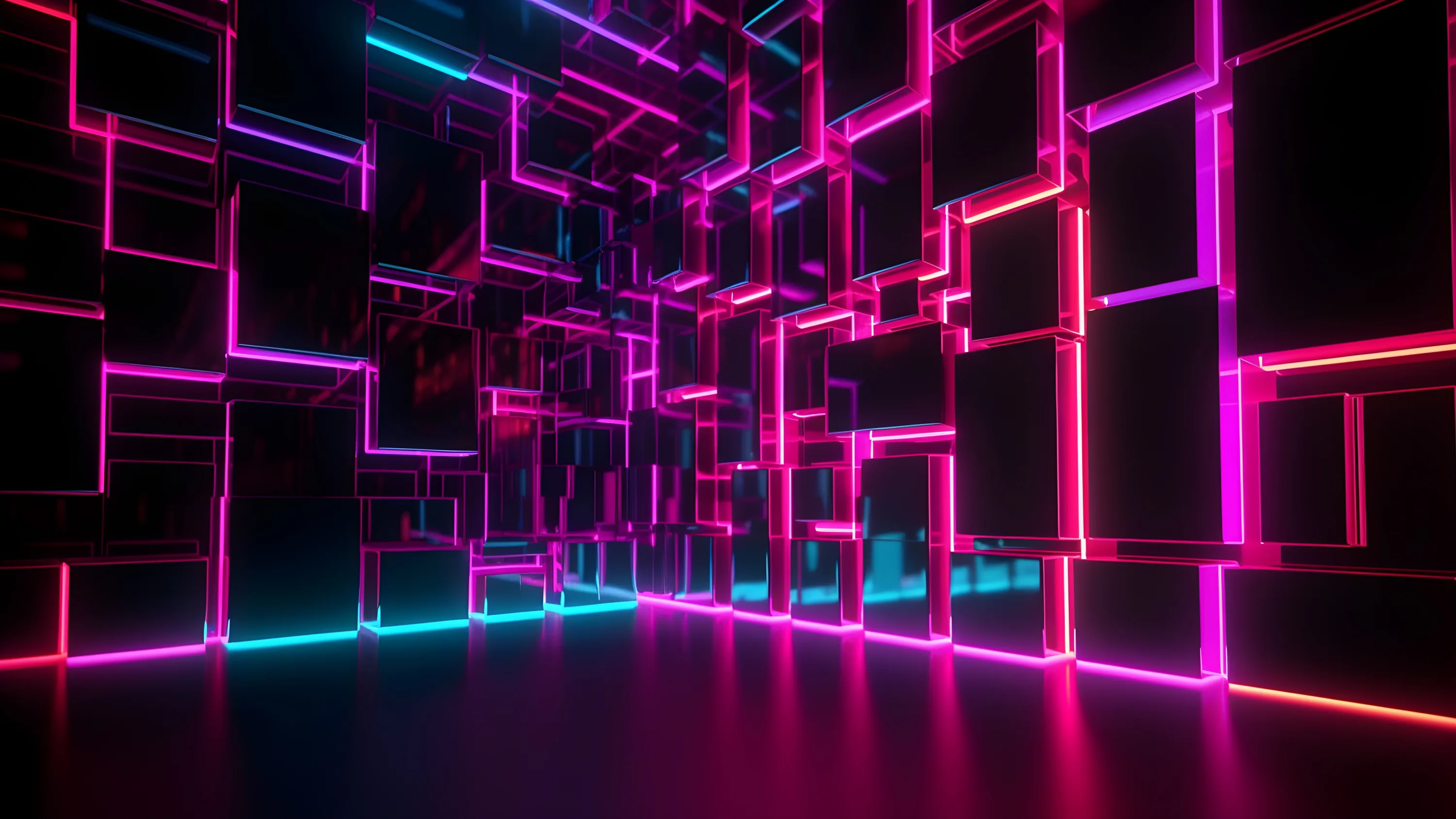 Overlapping rectangular frames glow pink, magenta and cyan inside a dark 3D room, their light pooling on the floor.
