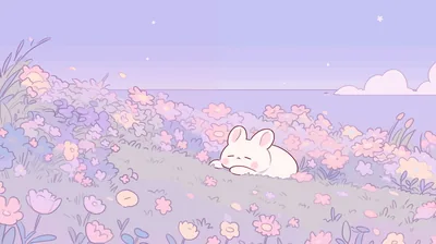 A white rabbit naps on a hillside of pink blooms under a lavender evening sky, the sky strip along the top left clear for menu bars.