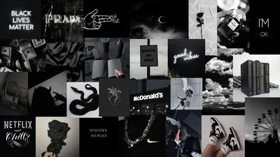 Dozens of monochrome cuttings tiled edge to edge — Prada and McDonald's signage, sneakers, a snake, clouds and roses — with a Netflix panel anchoring the bottom left.