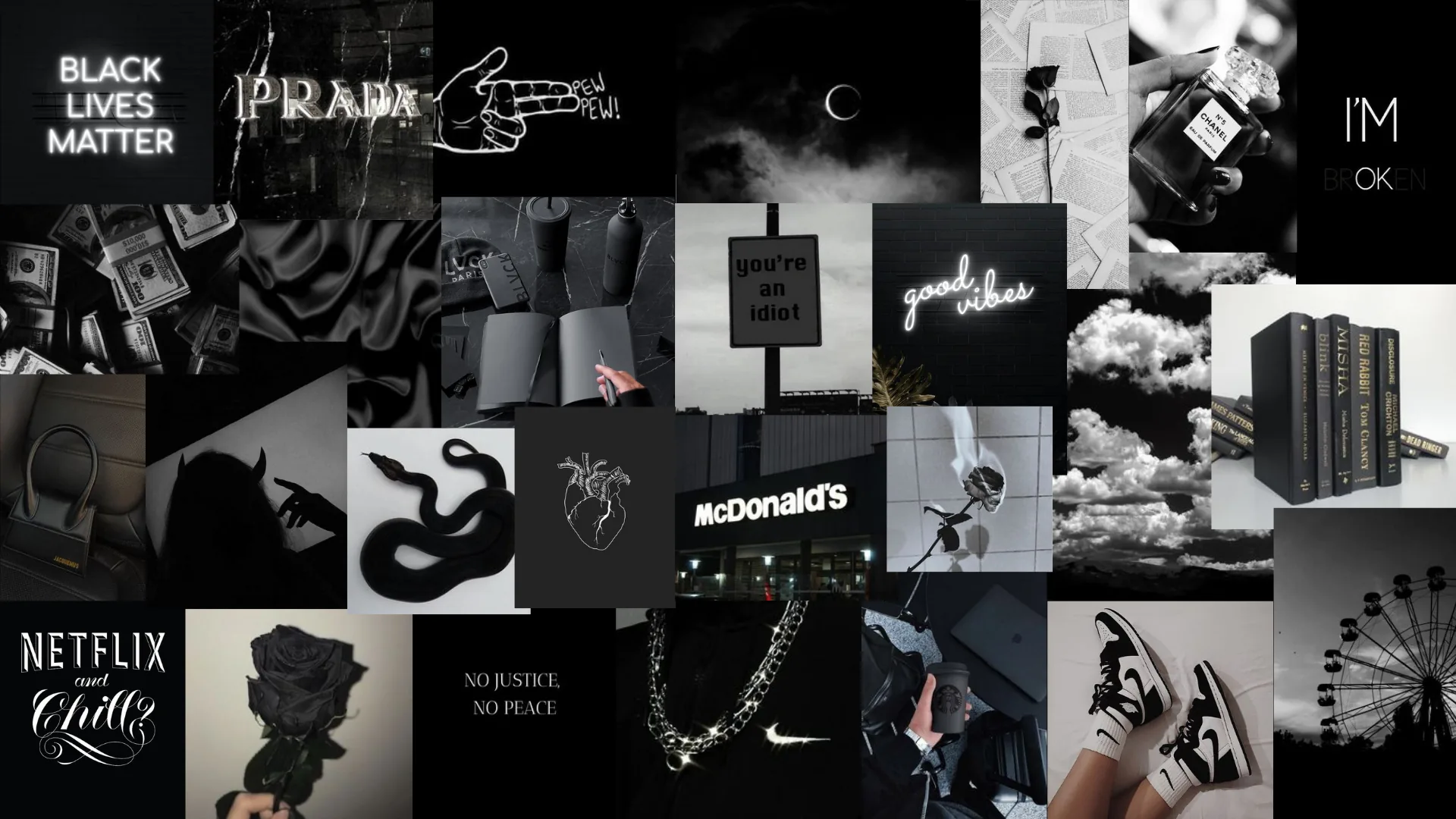 Dozens of monochrome cuttings tiled edge to edge — Prada and McDonald's signage, sneakers, a snake, clouds and roses — with a Netflix panel anchoring the bottom left.