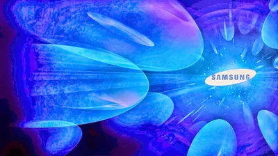 Elongated electric-blue bubbles burst outward across a violet field, with the Samsung oval badge glowing near the right edge; texture fills every corner of the frame.