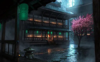 Rain slicks the stone courtyard of a lantern-lit wooden inn at night, green lamps glowing by the gate and a pink sakura tree on the right.