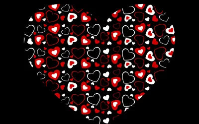 One large heart built from red, white and outlined smaller hearts, the black background left clear on all four sides.