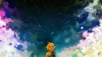 Seen from behind, a short-haired girl looks up at a starfield framed by pink, green and violet clouds, the centre of the sky left open for a clock.