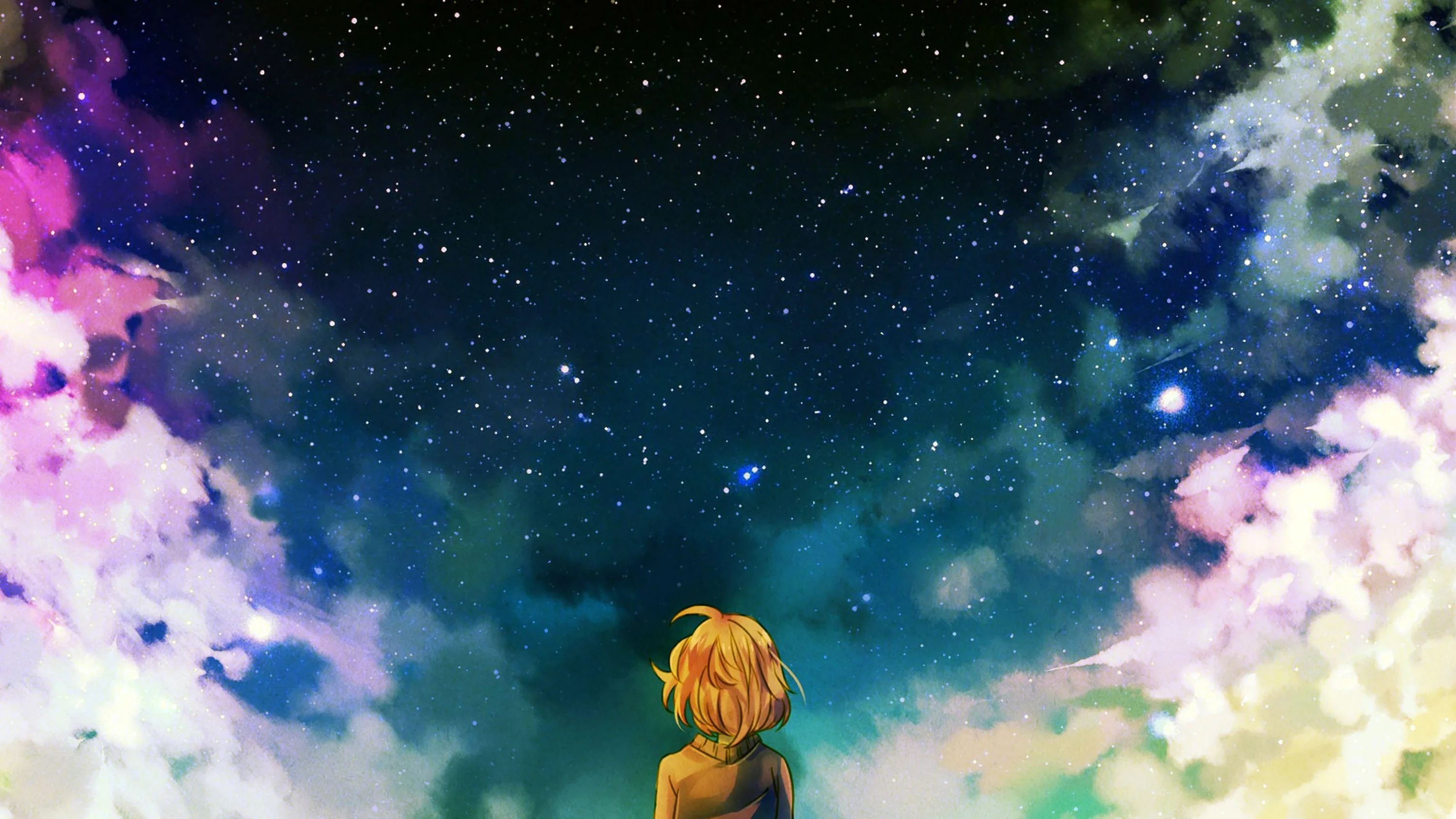 Seen from behind, a short-haired girl looks up at a starfield framed by pink, green and violet clouds, the centre of the sky left open for a clock.