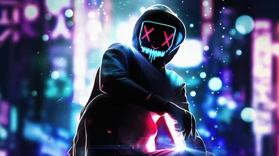 A hooded figure crouches with one fist to the ground, pink light flaring at the knuckles, blue and magenta city bokeh melting into darkness around him.
