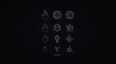 A grid of gems, spheres and spiked forms drawn in fine silver line on near-black, each one a different geometry study.