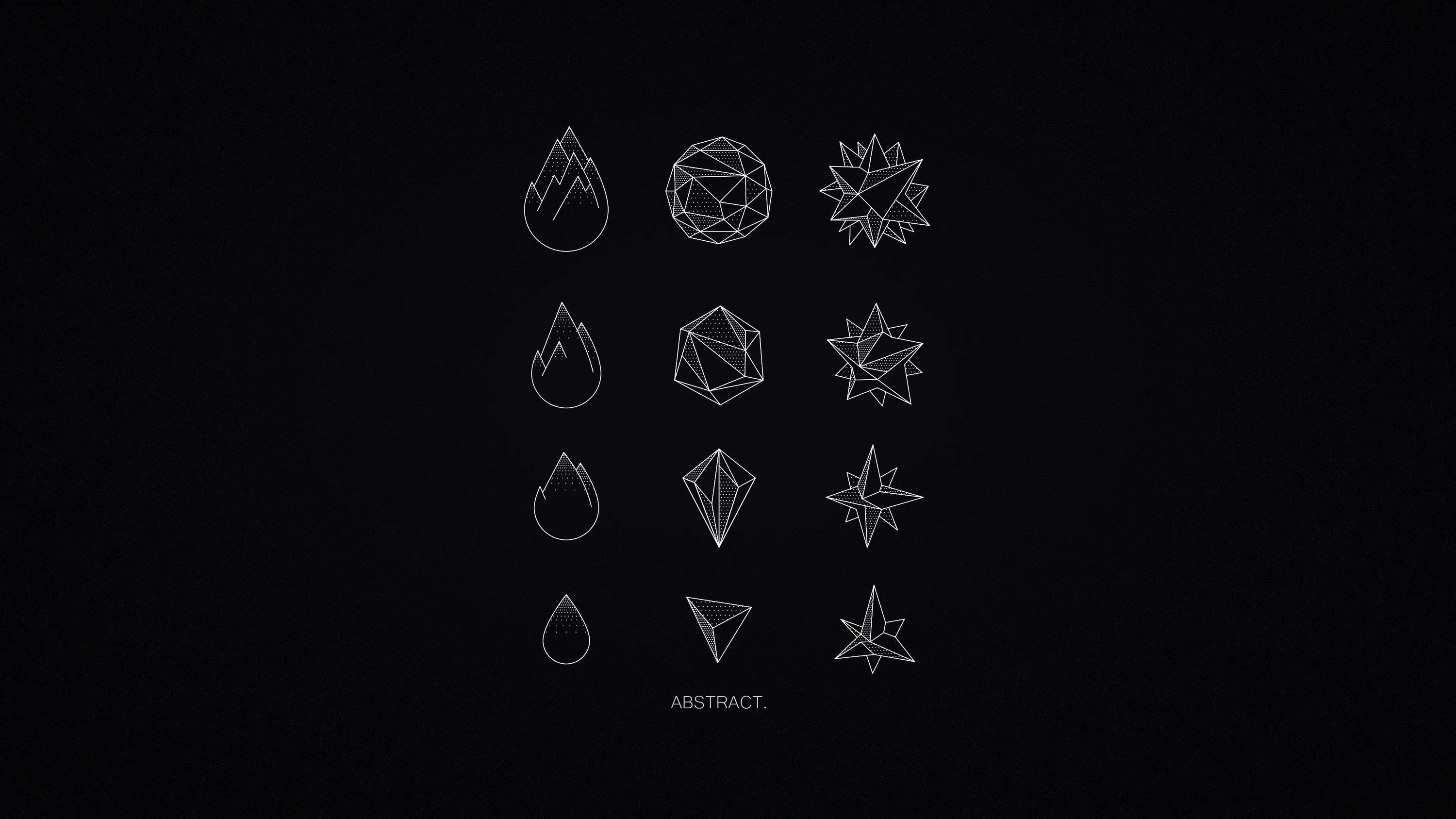 A grid of gems, spheres and spiked forms drawn in fine silver line on near-black, each one a different geometry study.
