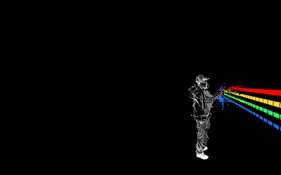 A white line-drawn figure aims a camera, throwing coloured beams across a black background.