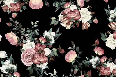 Dusty pink roses and small white blooms repeat over solid black with grey-green leaves, the colours faded like an old printed fabric.