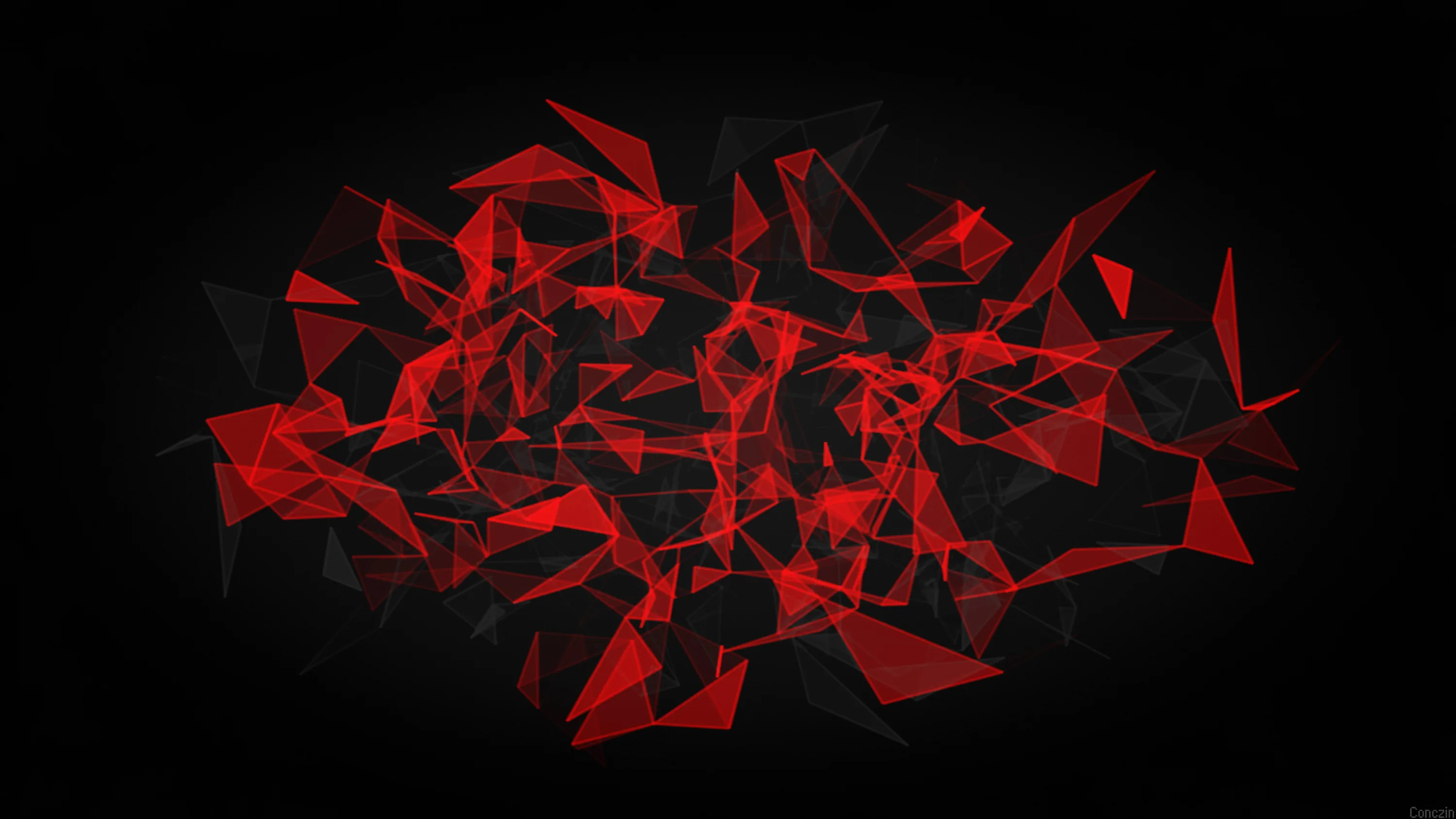 Sharp red glass fragments hang scattered mid-air across a black field, dense at the centre and thinning toward the edges.