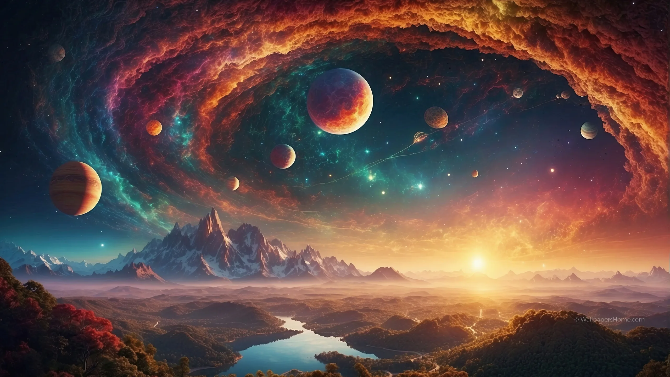 A ring of rainbow nebula and small planets arcs over jagged mountains and a winding river, the sun setting at the centre of this painted fantasy landscape.
