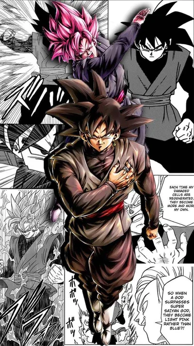 Black-and-white manga panels tile the whole tall frame while a coloured Goku Black in dark robes strides down the centre, speech bubbles filling the right edge.