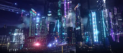 Towers strung with cyan, purple and white light climb into night haze, a low CGI skyline that leaves the upper third of the frame dark.