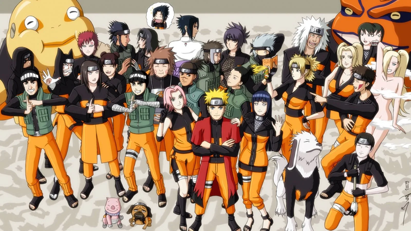 Every character redrawn in matching orange tracksuits and lined up in rows on a pale grey wall, a small pug sitting at the front.