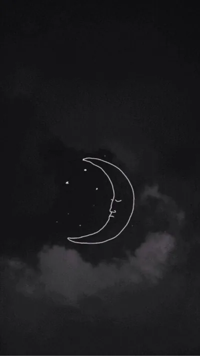 A single white outline crescent with a sleeping face floats just below centre over faint smoky grey wash, the top third near flat black for a clock.