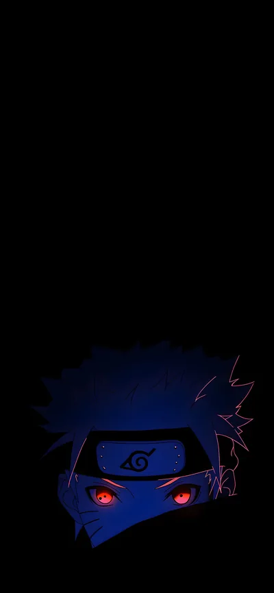 Almost the entire frame is black, a masked face with glowing red eyes and a blue lightning spark tucked into the lower left corner.