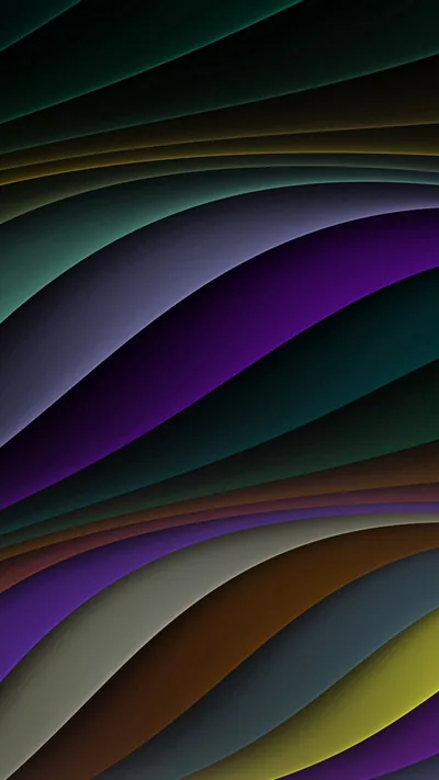 Rows of shaded silk-like waves roll diagonally in purple, olive, teal and grey, each fold catching light along its top edge, the darkest bands near the middle.