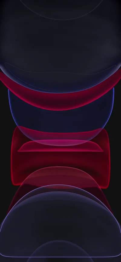 Rounded ring shapes stack down the frame in crimson and deep violet, brightest through the middle and fading to black top and bottom.
