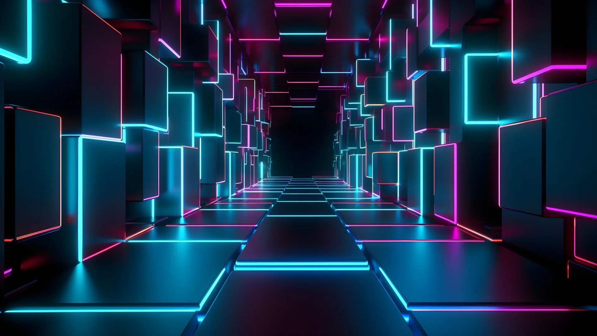 Dark cubes edged in cyan and magenta stack into a symmetrical tunnel receding to a black centre, the glow mirrored in a polished floor below.