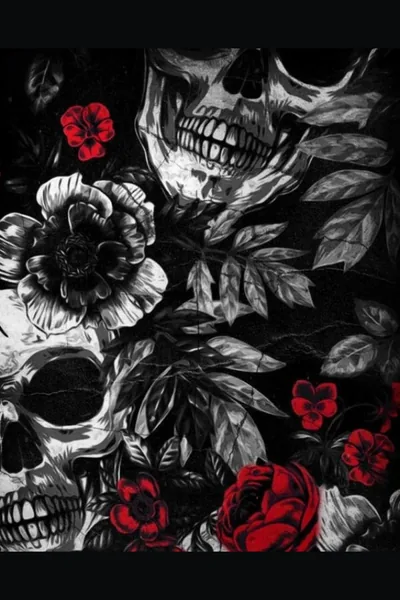 Grey painted skulls peer through leaves and blooms, a handful of the roses left deep red while everything else stays black and white.