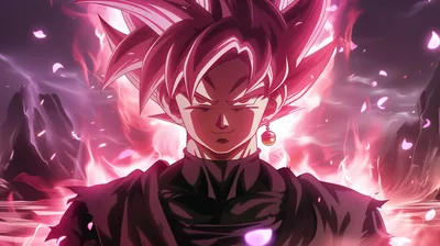 His own rose glow lights the Saiyan from below as he faces the viewer head-on, petals drifting through dark air and both edges fading into shadowed rock.