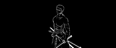 One Piece's Zoro sketched in white outline with three swords ready, both sides of the black frame left empty for apps or widgets.