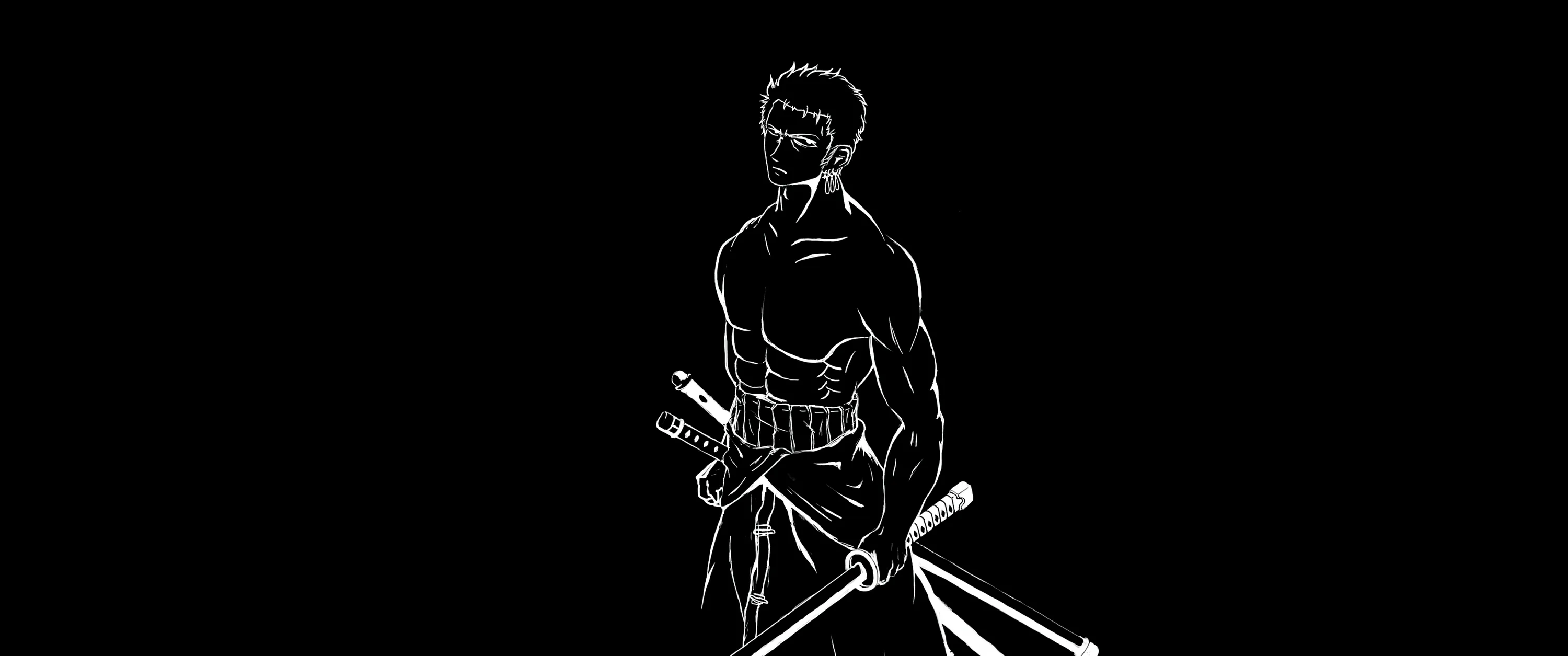 One Piece's Zoro sketched in white outline with three swords ready, both sides of the black frame left empty for apps or widgets.