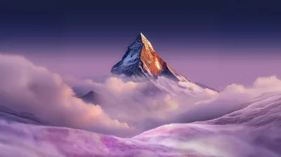 A digital painting of a single sunlit horn of rock floating above rolling lavender clouds, most of the frame kept in soft purple haze.