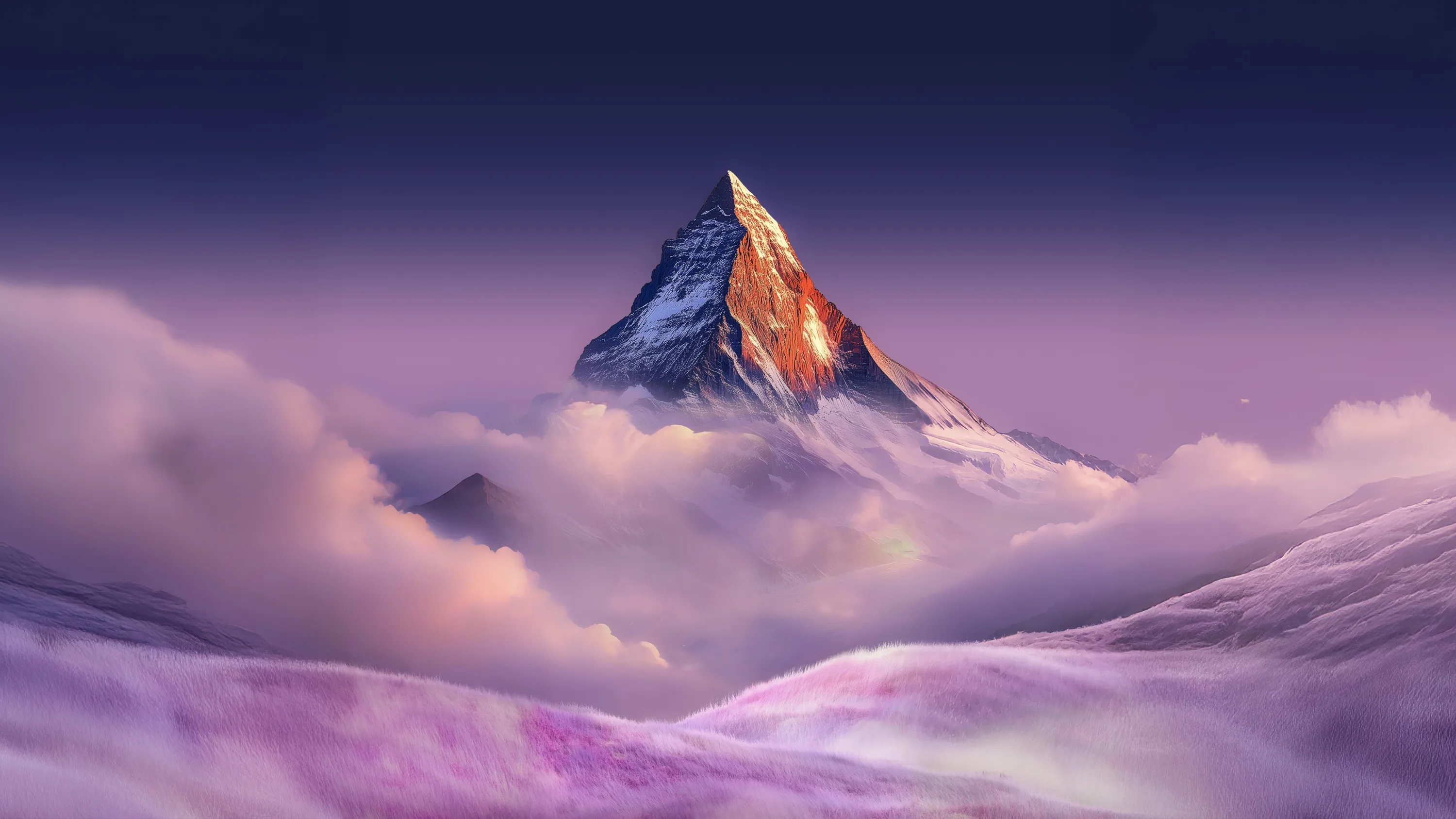 A digital painting of a single sunlit horn of rock floating above rolling lavender clouds, most of the frame kept in soft purple haze.