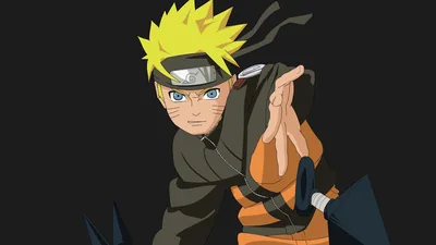 Naruto drops into a low stance with one hand thrown toward the camera, lit from the left so his right side sinks into the black background.