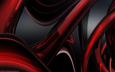 Polished red forms twist over and under one another in front of a flat charcoal backdrop, their inner surfaces going almost black.