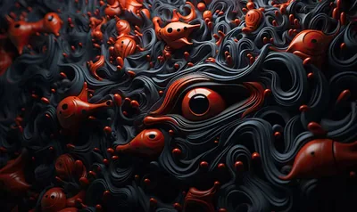 A glossy red eye stares out from a wall of sculpted charcoal swirls, red fish-like shapes and droplets scattered through the folds around it.
