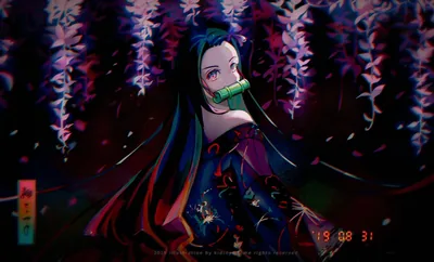 A long-haired girl in a dark patterned kimono stands beneath cascading purple wisteria, the background dropping into near black at the edges.