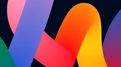 Oversized ribbon loops in lilac, red, orange and green cross a black background, their curves cropped so tightly the frame reads as pure colour and shadow.