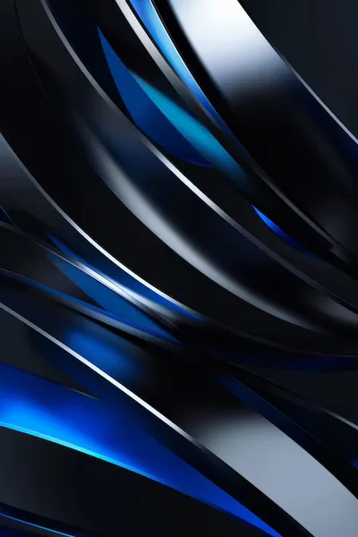 Broad ribbons of polished black metal sweep diagonally through the frame, slim bands of sapphire blue glinting between them near the lower edge.