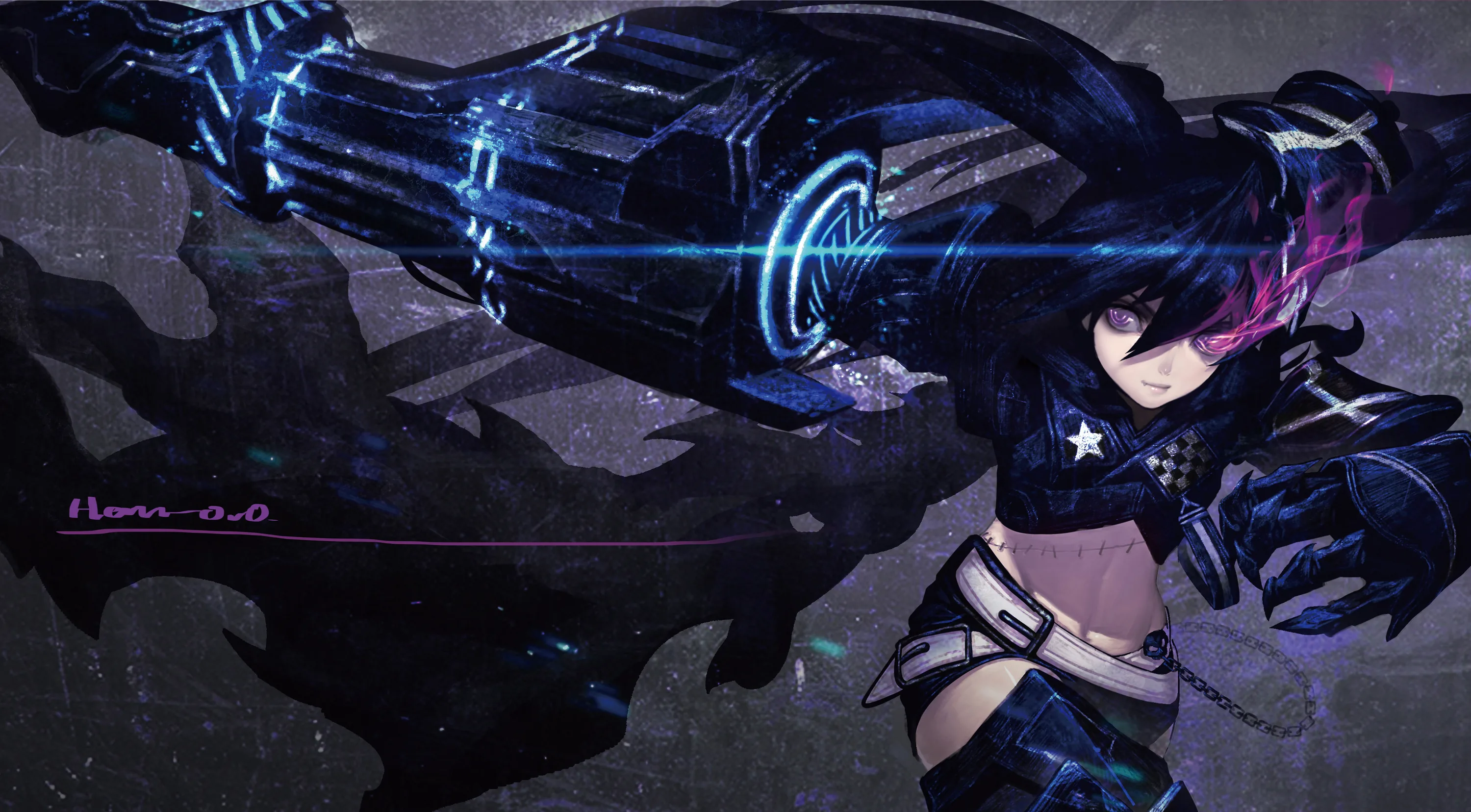 She levels an oversized cannon glowing with blue circuitry, her flaming blue eye matching the light along the barrel.