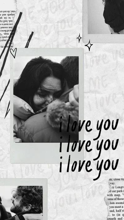 Torn paper strips, tape and small monochrome snapshots layer across a white page, with i love you set three times in shrinking type down the middle.