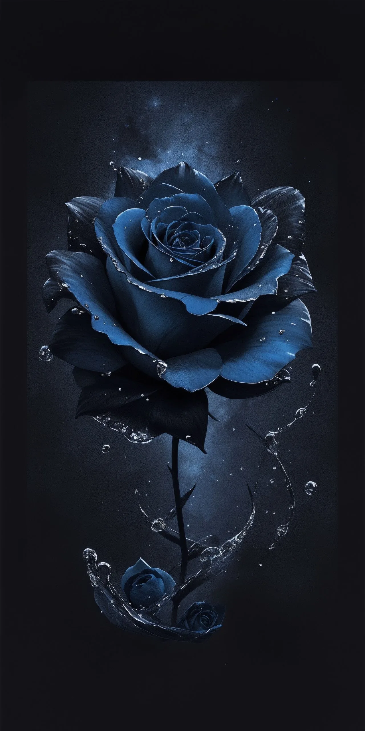 A single blue rose stands on a thorned stem against smoky dark grey, beads of water scattered across the petals and drifting around it.