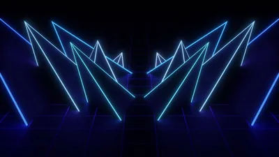 Mirrored zigzag tubes of blue and cyan light fold like wings over a faint grid floor, the centre column left dark enough for a phone clock.