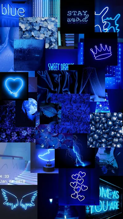 A tall grid of small blue-lit photos packed edge to edge, neon signs and hand-lettered words filling the gaps between angel wings and a glowing heart.