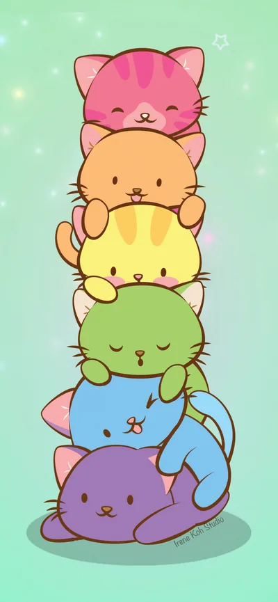 A tower of six pastel cats fills the portrait top to bottom, their mint margins so slim that edge icons will land on ears and paws.