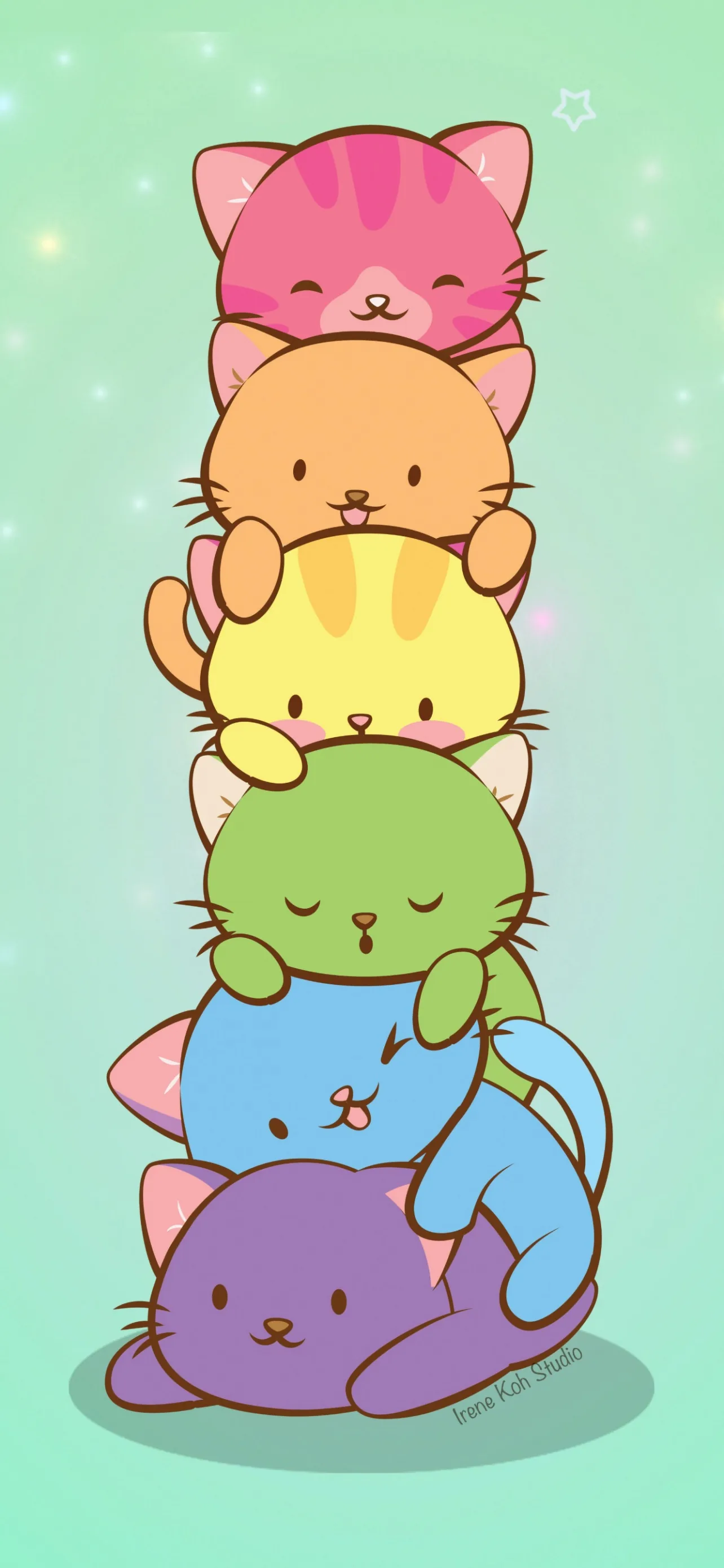 A tower of six pastel cats fills the portrait top to bottom, their mint margins so slim that edge icons will land on ears and paws.