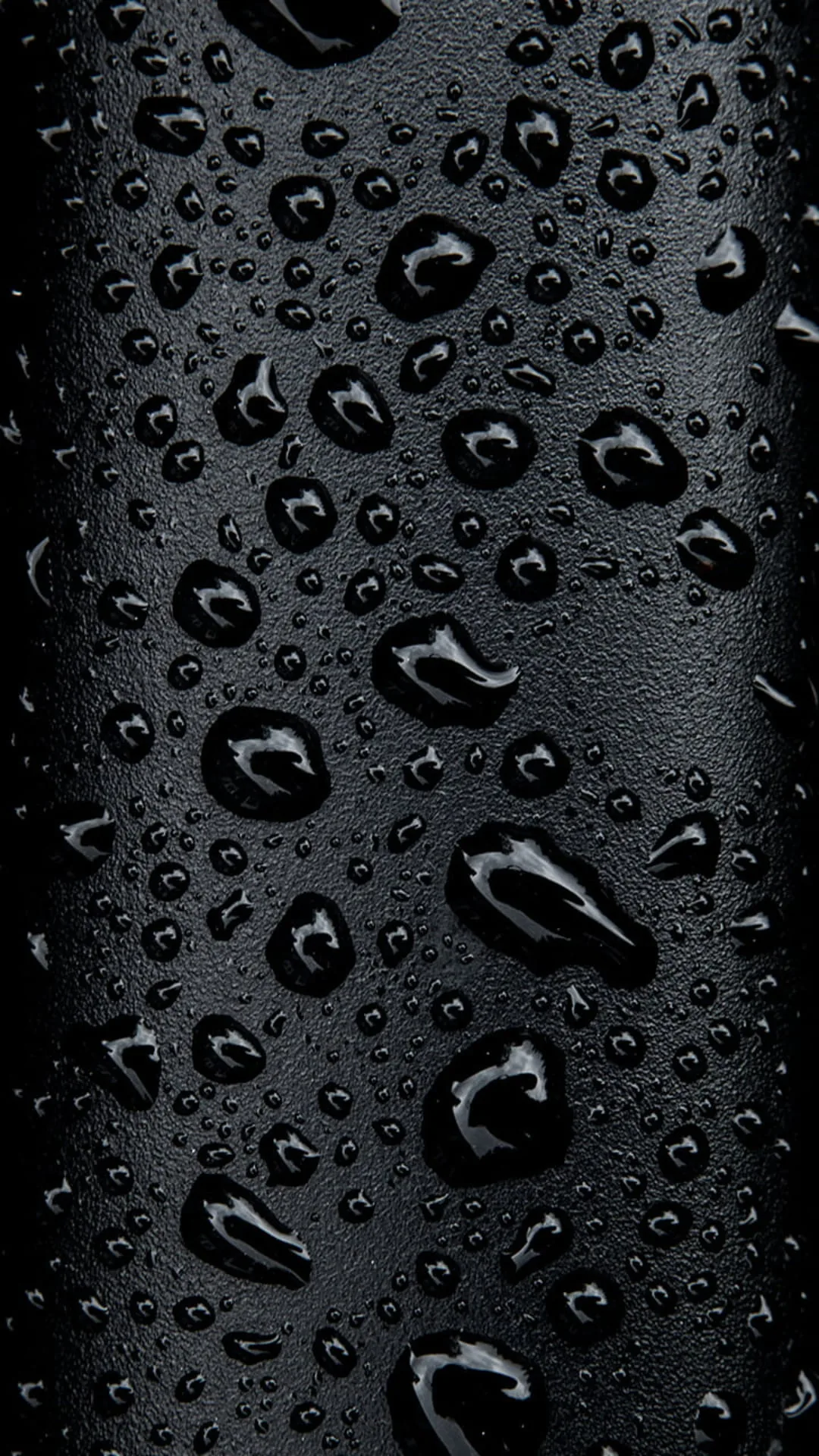 Beads of water cling to a dark curved surface, each one catching a hard highlight against the near-black background.
