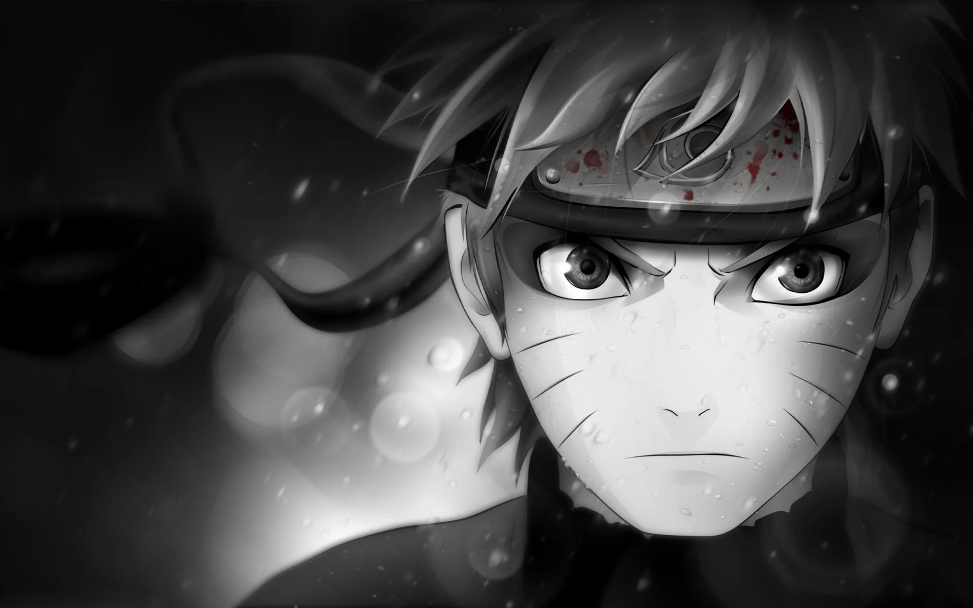 A tight monochrome close-up of Naruto in sage mode, whisker marks and shadowed eyelids sharp while everything around him blurs into grey haze.