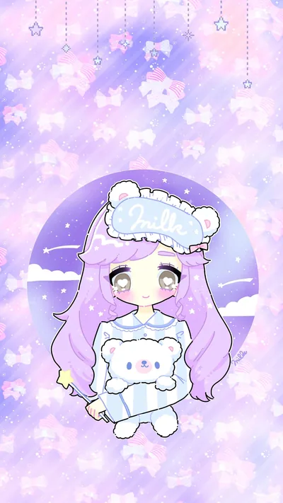 A pastel haired girl holds her milk bottle below strings of hanging stars, and the deep lilac band across the top keeps a white clock readable.